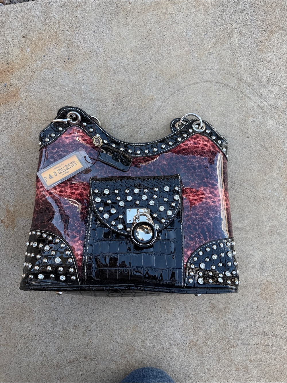 Studded Black and Red Patent Shoulder Bag by B & G Collection